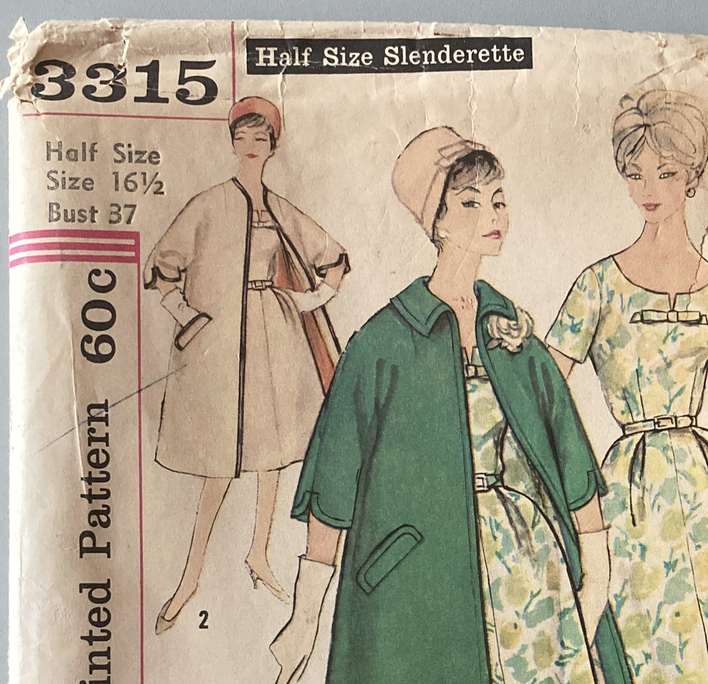 Simplicity 3315 Pattern Misses Half-Size Slenderette Dress Coat 16½ 60's UNCUT